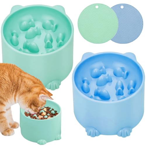 Raised Cat Bowl, 2 PCS Raised Slow Feeder Cat Bowls(Blue, Green) | Plastic Elevated Cat Slow Feeder Bowl with Anti Skid Mat for Neck Support - Ergonomic Plastic Feeding Bowls