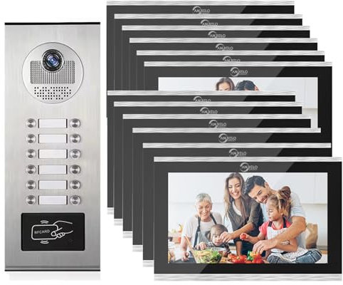Video Türsprechanlage 4-Draht,7 Zoll Monitor,Live-Ansicht und Konversation,Entsperren durch Monitor APP/Swipe Card,Smarte Video Türklingel mit Kamera & Gegensprechanlage (1 Türklingel + 12 Monitor)