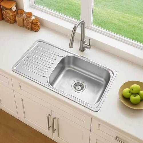 Melanstar Fregadero empotrable de acero inoxidable, 66 x 42 cm, 1 lavabo con escurridor, se puede montar a ras con desagüe