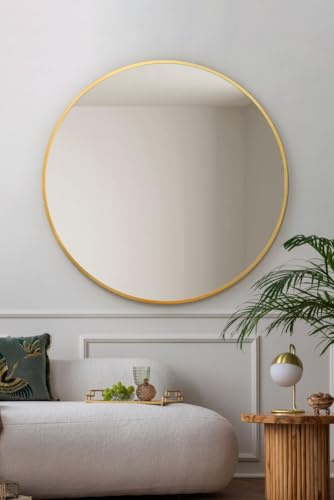 MirrorOutlet The Fenestra - Gold edged Modern Round Circular Wall Mirror 43 X 43 (110CM X 110CM) Silver Mirror Glass with Black Metal Frame