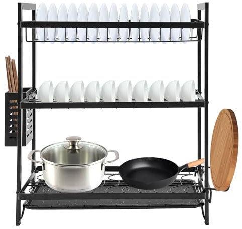 RjcdOPL Escurridor de platos de 3 niveles, escurridor de platos de hierro con soporte de tabla de cortar y 3 ganchos, 43,5 x 24,5 x 50 cm, ideal para secar y guardar platos y cubiertos