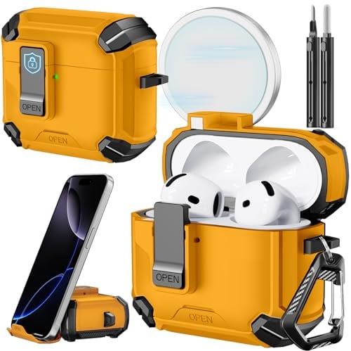 Inesore for AirPods 5/4 Hülle, Auto-Locking-Yellow | Compatible with MagSafe, Phone Stand Design Cover for AirPods 5/4 (2026/2024) (USB-C), with Cleaning Kit & Keychain
