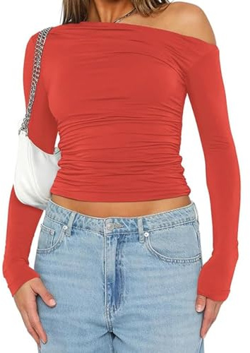 Off-The-Shoulder top Long-Sleeved Shirt Women's Basic T-Shirt Casual Y2K Slim fit Crop Tops