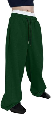 Mens Sweatpants Joggers Baggy Elasticated Waist Drawstring Trousers Wide Leg Jogging Bottoms for Outdoor Gym Solid Casual Trousers with Pockets Dark Green