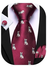 Barry.Wang Mens Ties Silk Burgundy Dog Funny Animal Necktie Set Handkerchief Cufflinks Party Christmas