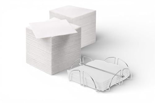 Premium Zelluloseservietten, Weiß, 33 x 33 cm (geöffnet), 500 Stück Servietten pro Packung, Hochwertige Qualität für Haushalt, Gastronomie, Catering, Partie Events + Serviettenhalter aus Metall