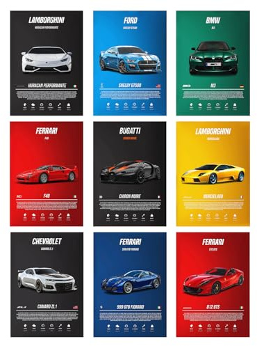 Cunegra 9 Stück Auto Poster, Car Poster Supercar Leinwand, Auto Bilder Für Die Wand 20x30CM, Zimmer Deko Jungs, Ohne Rahmen, Geschenk Für Autoliebhaber