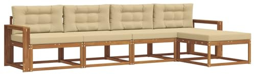 vidaXL Outdoor-Sofagarnitur mit Kissen 5 pcs Natur und Beige, Outdoor-Möbel-Set, modernes Patio-Sofa, wetterfestes Lounge-Set, Latten-Sofa, modulares Sofa