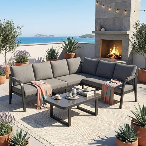 FammyLoft Gartensofa Set für 6 Personen, Outdoor Sofa mit Ecksofa + Couchtisch, Geflochtene Gartenlounge Set mit Rückenlehnen, für den Garten, Hof und Terrasse, Terrassenmöbel Wetterfest, Grau