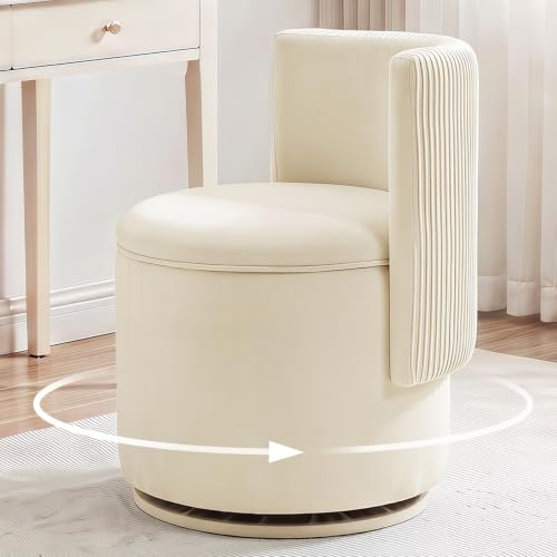 Ckaff Velvet Vanity Chair with Storage, 360°Swivel Accent Chair with Wave Back, Swivel Dressing Table Stool, Round Ottoman Storage for Living Room, Bedroom, Dining Room, Ivorywhite