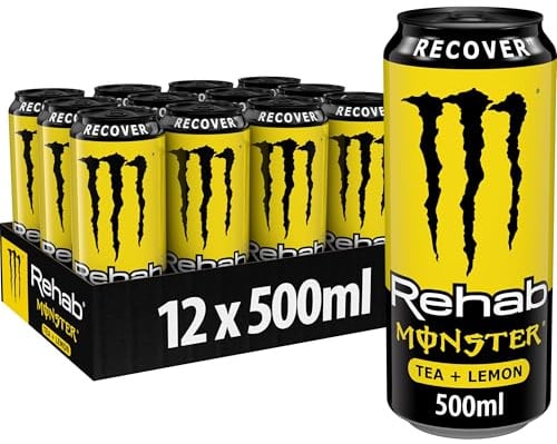 Monster Energy Rehab Lemon - koffeinhaltiger Energy-Eistee mit Zitronen-Geschmack - Energydrink ohne Kohlensäure - in praktischen Einweg Dosen (12 x 500 ml)