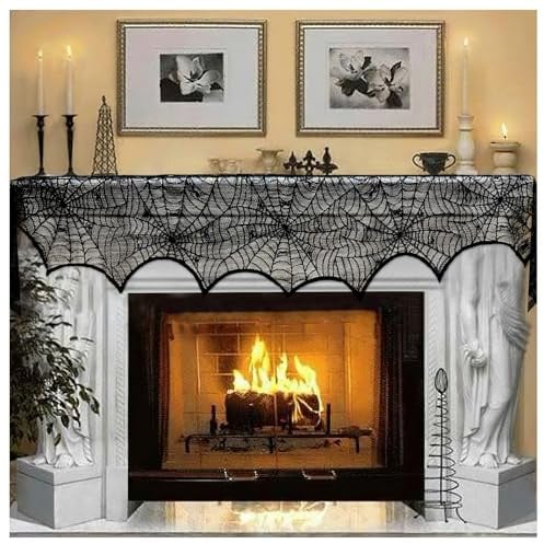 AerWo Halloween Decoration Black Lace Spiderweb Fireplace Mantle Scarf Cover Festive Party Supplies 45 X 243cm 18 x 96 inch