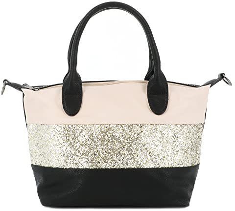 Sac à Main Femmes Paillette - Sac Bandoulière Porté Epaule Multicolore Rayures - Shopper Ville Fourre-tout 2 Anse Strass Brillant Soirée Mariage - PU Cuir Souple - Chic Tendance - Beige Noir Doré