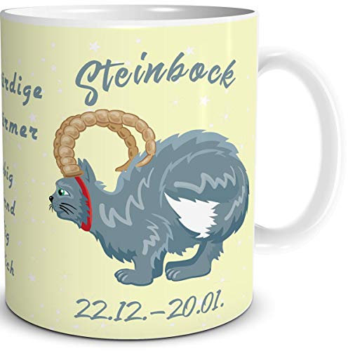 TRIOSK Tasse Katze lustig mit Spruch Sternzeichen Steinbock Katzenmotiv Geschenk Geburtstagstasse für Katzenliebhaber Frauen Freundin