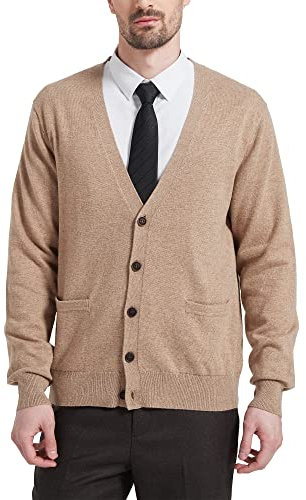 Kallspin Men’s Wool Blend Cardigan Sweater V Neck Button Front Knitwear Long Sleeve Smart Casual Jumper(Coffee, Medium)