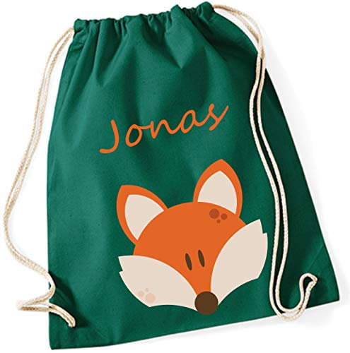 minimutz Turnbeutel mit Namen personalisiert & Bedruckt | Motiv Fuchs | Stoffbeutel Schuhbeutel Sportbeutel für Kinder Jungen & Mädchen | inkl. NAMENSDRUCK | blau orange Navy (dunkelgrün)
