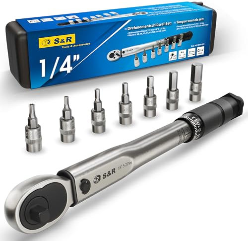 S&R Llave Dinamométrica para Bicicletas y Motos 1/4 (5-25 Nm) 27,2 cm + 7 Puntas Allen Torx: H10, H8, H6, H5, H4, H3, T25 en acero Cr-V - Juego Profesional y Completo