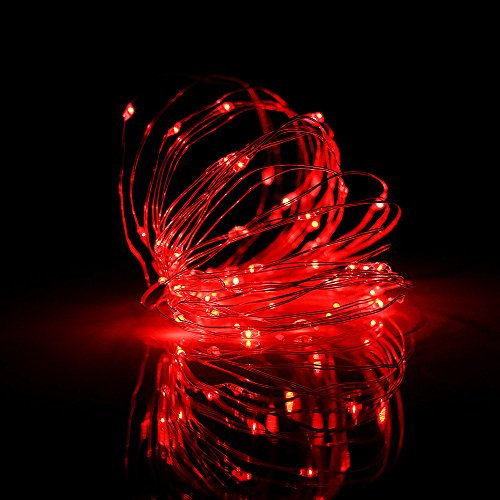 TIMEWANDERER Guirnalda de 50 luces LED de 5 m, funciona con pilas, decorativas, microfinas y brillantes, en alambre plateado, para decoración de Navidad (rojo)