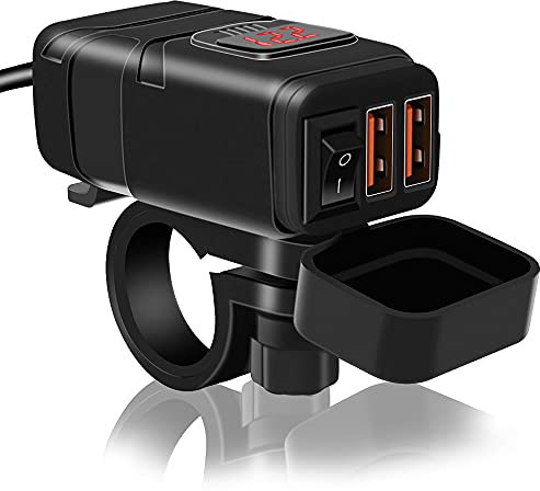 Auto Handy Ladegerät, wasserdichtes Dual USB QC 3.0 Schnellladen mit Voltmeter und Ladeschutz, geeignet für DC12V Autos, Motorräder, ATVs, SUVs, Boote