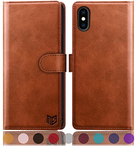 SUANPOT [RFID Schutz für iPhone X/XS 5,8-Zoll hülle PU Leder handyhülle Lederhülle klapphülle Kartenfach Flip Phone Case Cover für iPhone X/XS handyhülle Hellbraun