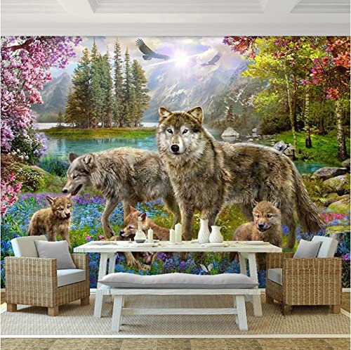 Fototapete 3D Effekt Wald Rote Pfirsichblüte Grauer Wolf Tier Wandbild Tapete Kindertapete Kinderzimmer Wanddekoration 450(W) X300(H) Cm