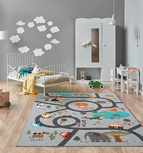 the carpet Happy Life Kinderzimmer, Kinderteppich, Spielteppich, Waschbar, Straßenteppich, Straße, Dschungel, Tiere, Auto, Grau, 80 x 150 cm