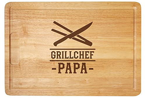 Grillbrett mit Gravur, Holz Schneidebrett für Papa, Brotzeitbrett mit Grillchef Motiv, Vatertagsgeschenk, Geschenke für Männer zum Grillen, Grillzubehör für Väter, Grill Holzbrett mit Saftrille