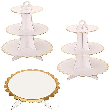 White Cupcake & Cake Stand, Set of 3 Party Cake Stand Tray, 3-Tiered Disposable Cupcake Stands Easy Assemble Dessert Holder fit for Party, Wedding, Afternoon Tea, Birthday