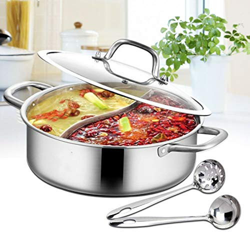 Marmite à soupe double face en acier inoxydable avec 2 compartiments et couvercle en verre 32 cm