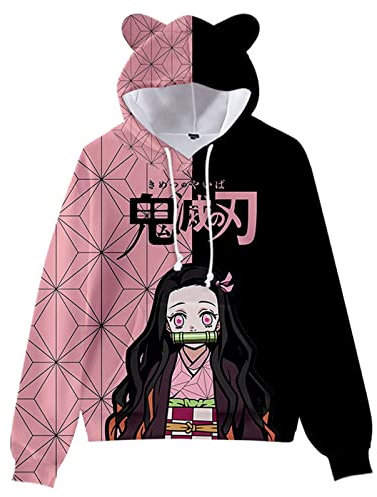 zhedu Kamado Nezuko Cosplay Kostüm Hoodies Süße Katzenohr Sweatshirts 3D Gedruckte Cartoon Anime Mit Kapuze Harajuku Streetwear Kawaii Frauen Hoodie (S,Color 01)