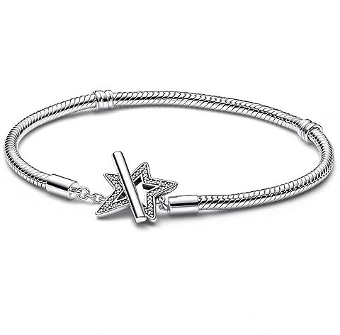 PANDORA Moments Asymmetrischer Stern T-Verschluss Schlangen-Gliederarmband aus Sterling Silber mit Cubic Zirkonia Steinen verziert, Moments Collection, Größe: 19, 592357C01-19