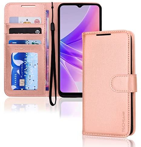 TECHGEAR Leather Wallet Case for Oppo A57e / A57s / A57 4G, Flip Protective Case Cover with Wallet Card Holder, Stand & Wrist Strap, Rose Gold PU Leather with Magnetic Closure