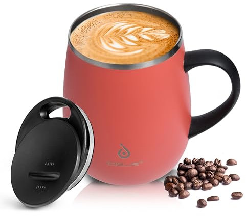 Ideus Kaffeebecher 470 ml (16 oz), doppelwandige vakuumisolierte Kaffee- und Teetasse aus Edelstahl mit rutschfestem Griff und Schiebemoduldeckel und großem Volumen (Rosenrot)