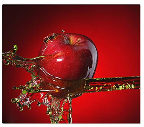 DecoCat Glas-Herdabdeckplatte Ceranfeld Kochfeldabdeckung Herdabdeckung Induktionsschutz Schneideplatte 60x52 cm Einteilig Apfel Wasserstrahl Rot