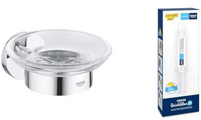 GROHE Start - Seifenschale mit Halter (Material: Glas/Metall, verdeckte Befestigung), Chrom, 41193000 + Kleber für Badaccessoires