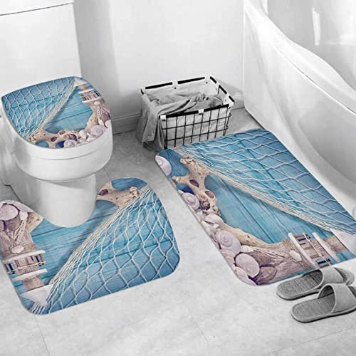 JIFOME Badteppich 3 Stück Weiche saugfähige Badematten,Schnecken Nautische Leuchtturm Muschel,rutschfeste Badematte Teppiche & Toilettendeckelabdeckung Set Waschbar