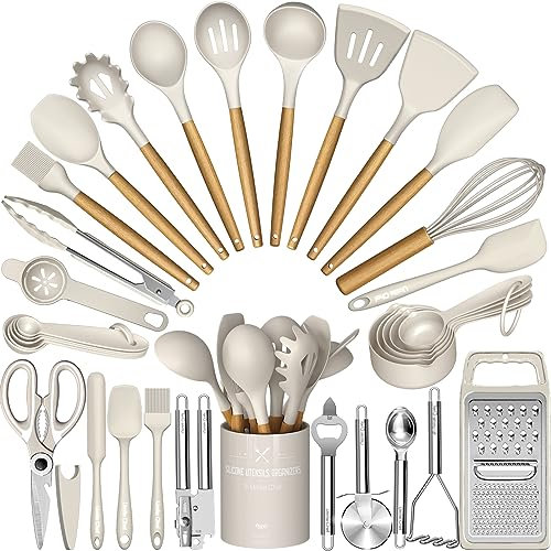 Umite Chef Juego de utensilios de cocina de silicona, 34 piezas resistentes al calor y herramientas con rallador, asas de madera para utensilios de cocina antiadherentes