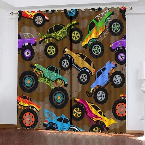 GIOVIA 3D LKW Vorhänge Abdunkelnde Cartoon Auto Kindervorhänge Vorhang mit ösen 2er Set Gardinen Blickdicht Verdunkelungs für Kinderzimmer Schlafzimmer Wohnzimmer B 110 X H 95 cm