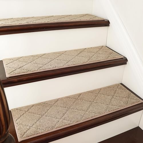 COSY HOMEER 15 Pack Full Edge Wrapping Stair Carpet Treads,70x22 CM Non-Slip Stair Tread Runners for Indoor Wooden Steps Stairs Soft Polyester, Easy Care & Peel Noice Reduction, Beige