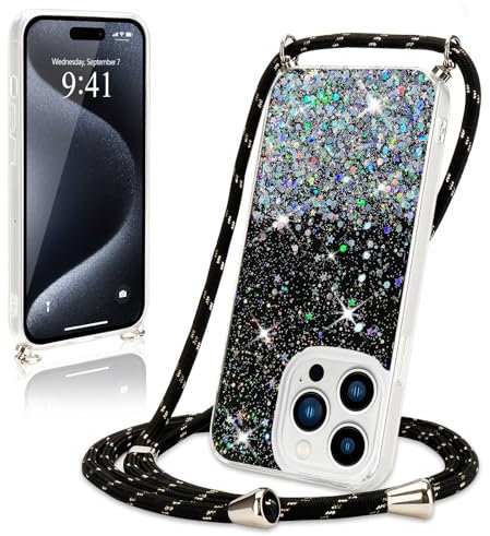 Wirvyuer Coque avec Cordon pour iPhone 15 Pro Max Coque Collier Paillette Téléphone Étui avec Cordon Réglable Transparent Silicone Case Housse avec Corde pour iPhone 15 Pro Max Noir