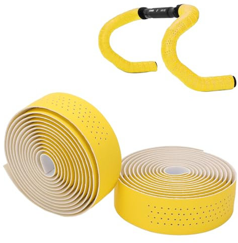 Tissting 2 Pezzi Nastro per Manubrio, 200 x 3 cm Autoadesivo Nastro Manubrio Bicicletta con Fermamanubrio e Adesivo Strisce, Giallo Nastro Manubrio Bici Corsa per MTB