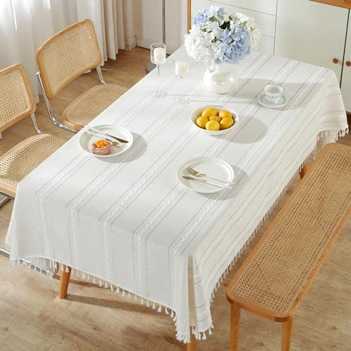 Pahajim Tischdecke Quadratisch Tischdecke Baumwolle Leinen Quaste Tischdecke tischdecke abwaschbar für Speisetisch Picknick-Party Tischdecke(weiße, Quadrat, 140 x 140 cm)
