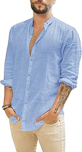 Camisa de Lino Camisa de Lino de Manga Larga para Hombre Camisa Casual Ajuste Negocios Casual Vacaciones Azul XL