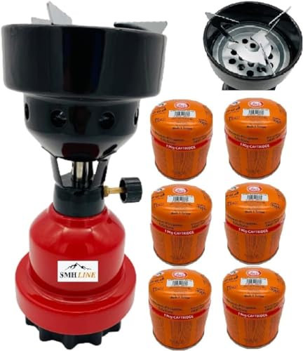 SMH LINE® Réchaud à charbon de camping + 6 cartouches de gaz de 190 g - Mélange de métal - Pour le camping et l'extérieur - Rouge