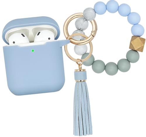 KOUJAON Custodia per AirPods, custodia protettiva in silicone con braccialetto con perline portachiavi, compatibile con custodia di ricarica per Apple AirPods di seconda generazione (celeste)