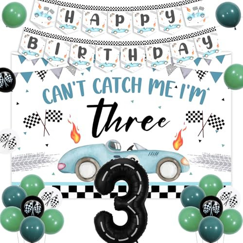 Vintage Rennwagen für 3. Geburtstag Jungen - Can't Catch Me I'm Three Hintergrund, Racing Flagge Ballons, Geburtstag Banner für Rennwagen 3 Jahre alt Party Deko