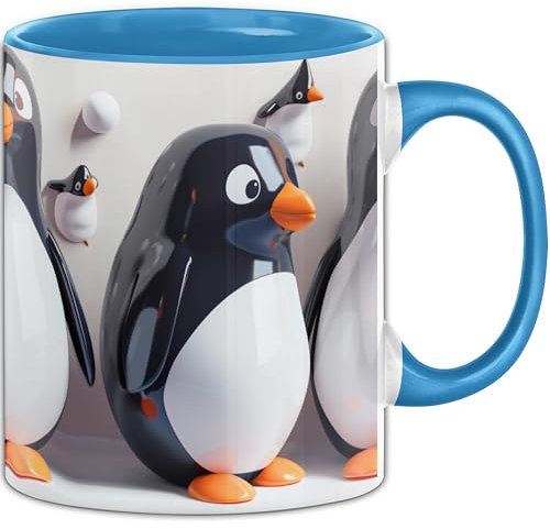 Trendation - 3D Tasse Pinguine Geschenkidee Mädchen Jungs Lustiger Pinguin 3D Motiv (Blau)