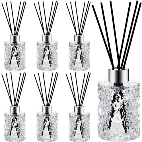 Norme 6 Set Empty Reed Diffuser Bottle Set with Stick, 150ml Refillable Patterned Glass Vase with Black Rattan Reed & Cap for DIY Essential Oil, Home Fragrance, Bulk (Silver)