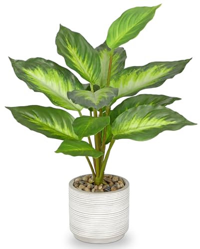 Arborus Plantas artificiales de interior en maceta de cerámica de 37 cm, plantas grandes de imitación de dieffenbachia en maceta rústica para sala de estar, oficina, cocina, baño, decoración del hogar