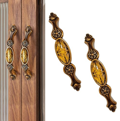 Elistonie 2 Stück Küche Schrank Griffe Vintage-Stil Schrank Griffe 96 mm Bohrung Mitte Rotes Kupfer Griffe mit Kunstmotiv